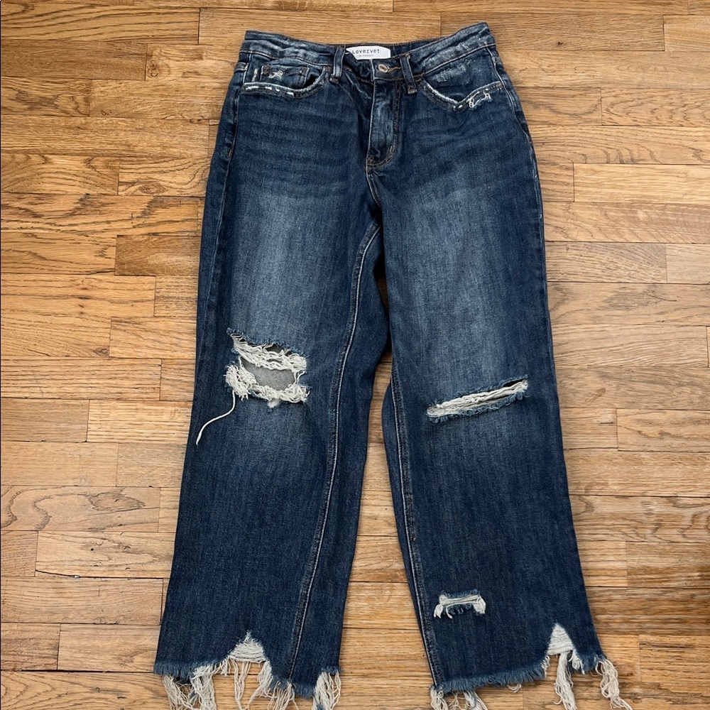 Lovervet Dark Blue Distressed Cropped Wide Leg Jeans